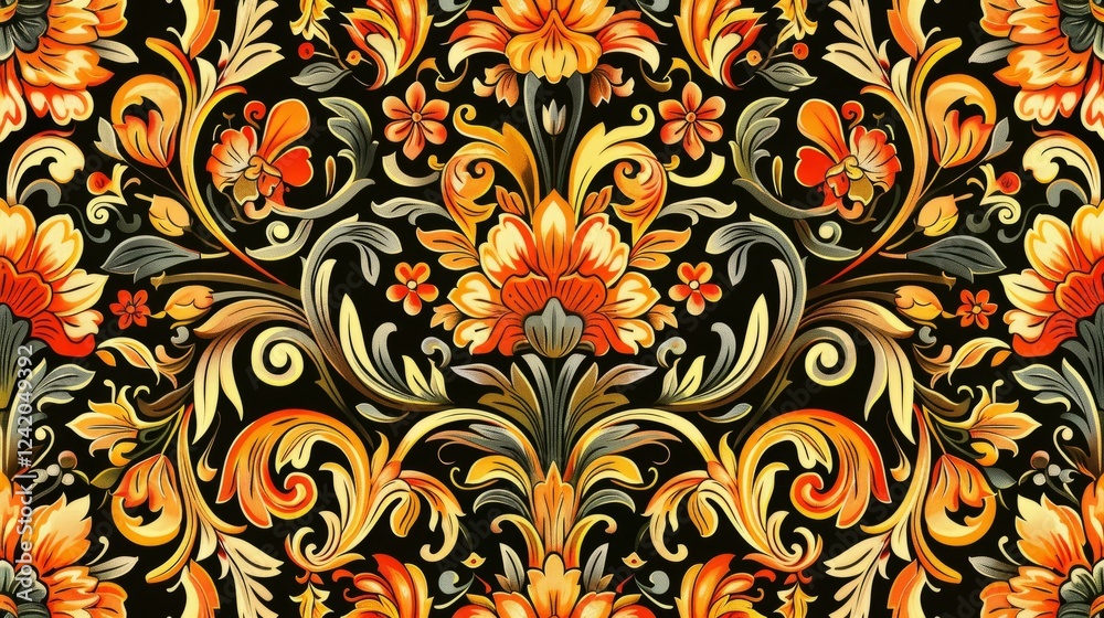 Khokhloma floral pattern with vibrant traditional elements on black background for decorative design use Khokhloma floral pattern with vibrant traditional elements on black background for decorative design use