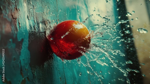  Water Balloon Hitting a Wall, Captured at the Exact Moment of Impact, with Vivid Colors and Dynamic Motion photo