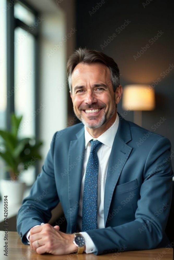 Mature businessman sitting in a corporate office with blurred background, leadership, career, office Mature businessman sitting in a corporate office with blurred background, leadership, career, office