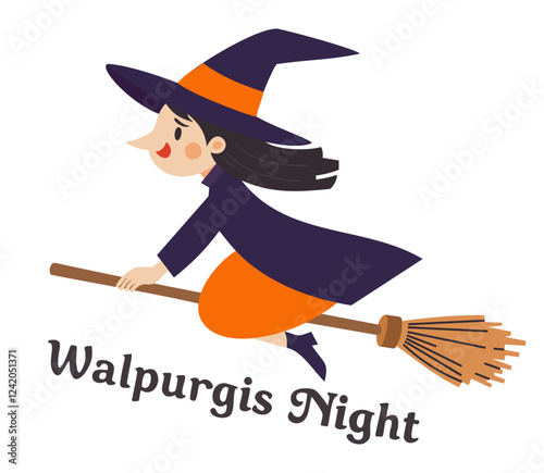 Walpurgis night. Cute witch flying on broomstick. Vector isolated illustration