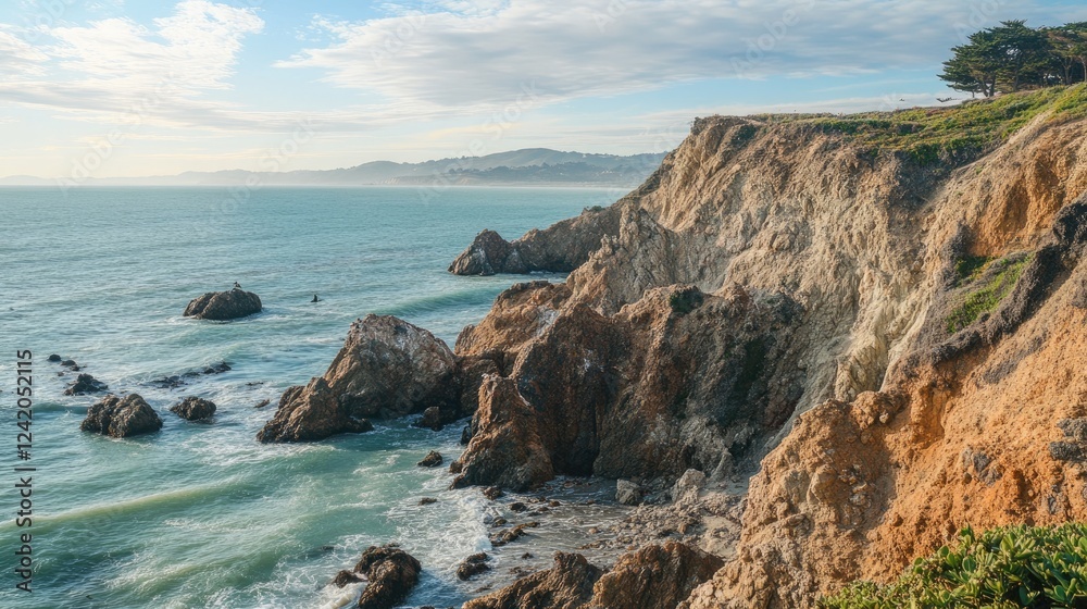 Coastal Cliffs and Turquoise Ocean View at California Beach with Blue Sky Coastal Cliffs and Turquoise Ocean View at California Beach with Blue Sky