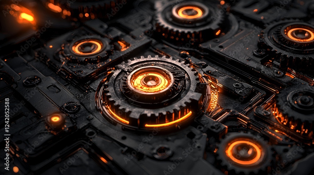 Fototapeta premium Glowing orange gears, intricate mechanism, dark background, technology concept