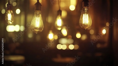 Close-up of vintage-style light bulbs hanging, casting a warm glow against a softly focused background of out-of-focus teal and amber bokeh.