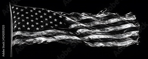 A bold black-and-white image of the American flag waving in the wind, set against a black background.