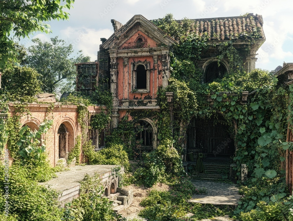 Forgotten architecture: An abandoned building overtaken by nature's persistent vines Forgotten architecture: An abandoned building overtaken by nature's persistent vines