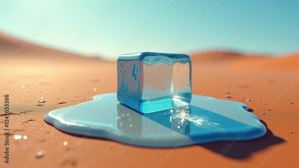 Single ice cube melting on hot desert sand under bright sunlight Single ice cube melting on hot desert sand under bright sunlight