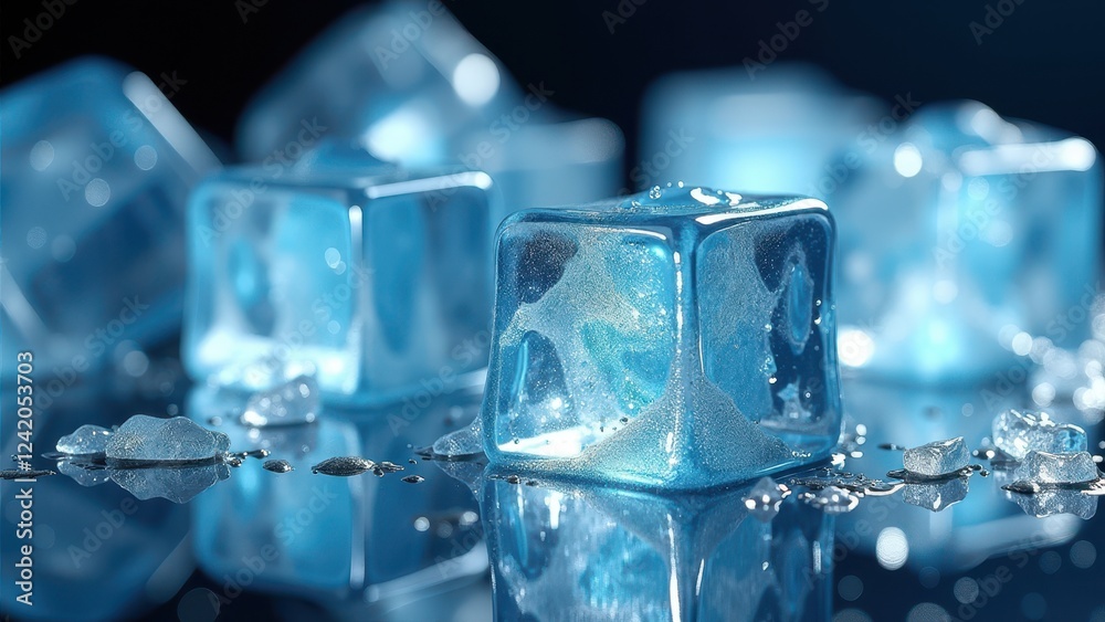 Fresh ice cubes melting on a reflective surface with water droplets Fresh ice cubes melting on a reflective surface with water droplets