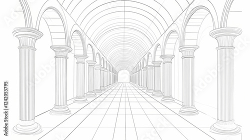 A linear perspective drawing of an arched corridor with columns and a vanishing point. Perspective Depth Techniques. Illustration