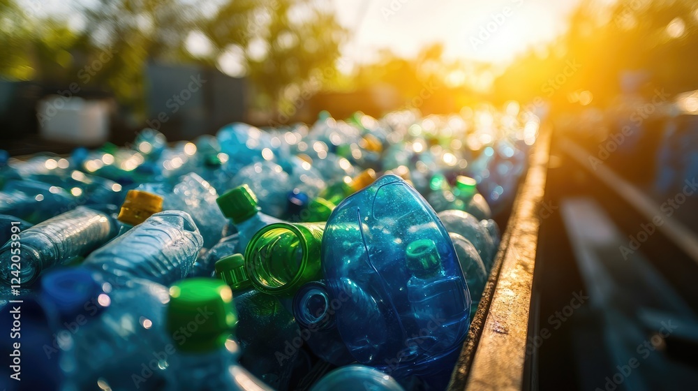 Close-up view of various blue and green plastic water bottles on a conveyor belt in a recycling facility.