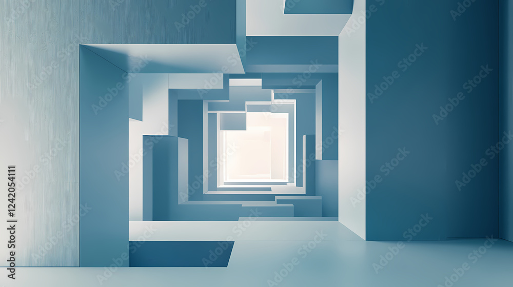 Abstract geometric design in blue tones with overlapping squares, creating a sense of depth on a light background. Perspective Depth Techniques. Illustration