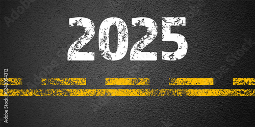 Asphalt road with yellow lane marking, concrete highway surface, texture. New year 2025. Street traffic line, road dividing strip. Pattern grainy structure, grunge background. Vector illustration