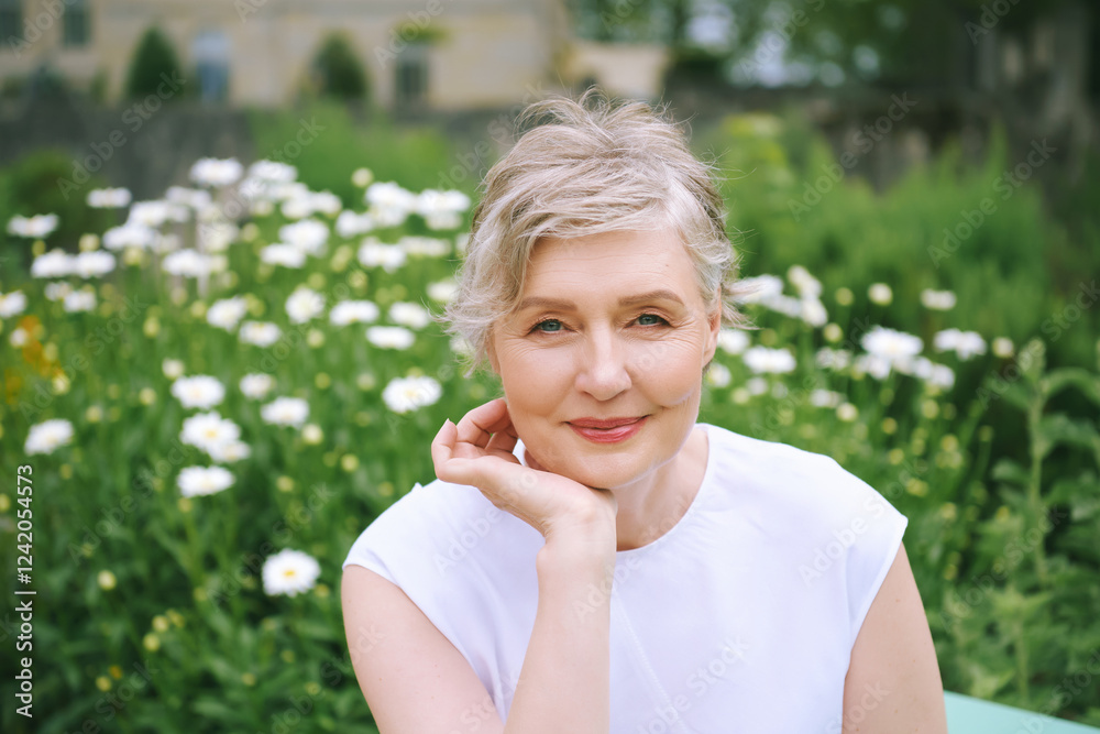 Outdoor summer portrait of mature woman with grey hair, posing in garden Outdoor summer portrait of mature woman with grey hair, posing in garden