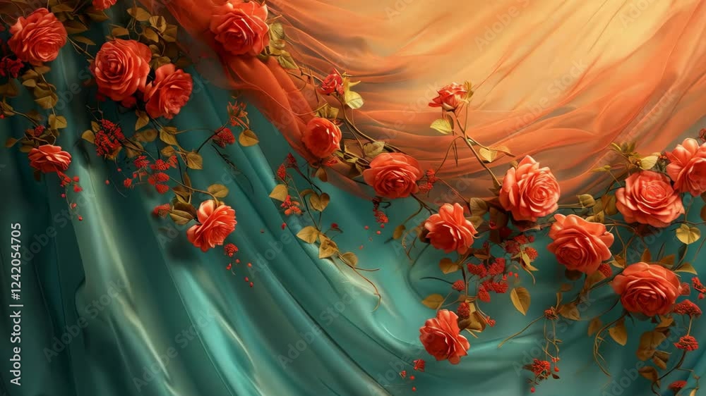 Luxurious coral and turquoise draped fabric backdrop with blooming roses and golden accents. Romantic studio setup for Valentine's Day, Wedding, Mother's Day, Rose Day and Anniversary photo session