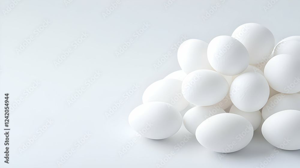 White eggs piled on white background, food photography, recipe website White eggs piled on white background, food photography, recipe website