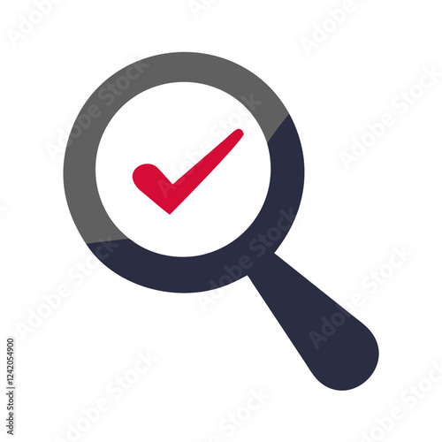 Check mark icon graphic design within a magnifying glass in gray and red colors