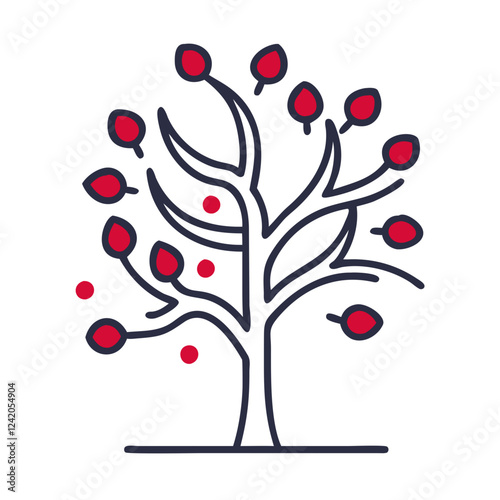 Tree icon graphic design featuring a stylized tree with red fruits and detailed branches