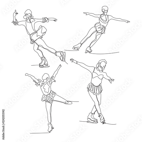 Continuous one line logo art of Figure Skater, ice skating girl set collection, vector sports concept