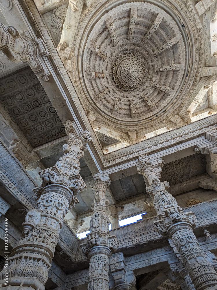 Multi level stone architecture with intricate sculpture on marble Udaipur, India