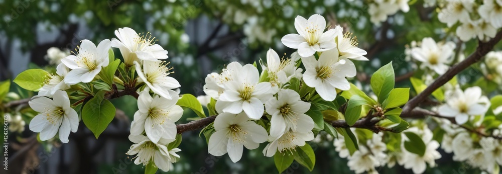 Fresh white pear flowers on branches with green leaves, blossoming, natural