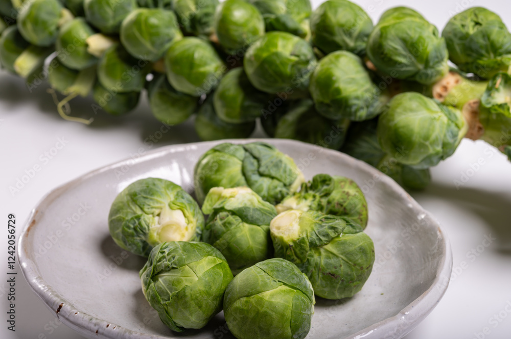 Green brussels sprouts on stalk on white table Green brussels sprouts on stalk on white table
