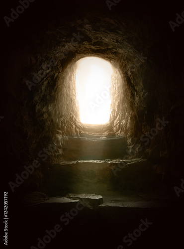Empty rock tomb and steps leading to an exit flooded with light. Life after death, supernatural and resurrection concept