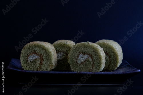 Close up Matcha Green tea Cake Roll photo