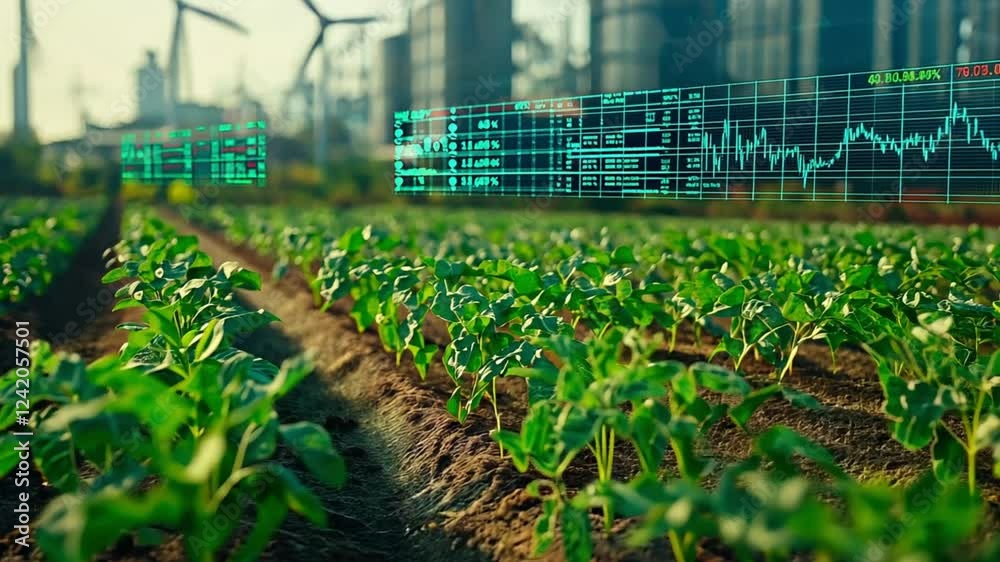 A modern farm with digital analytics displaying crop growth and ...