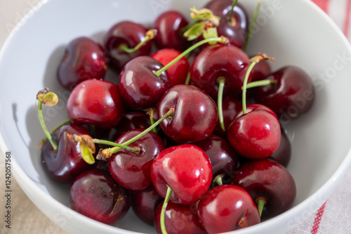 New harvest of fresh ripe dark red cherry berry in Provence, France close up photo