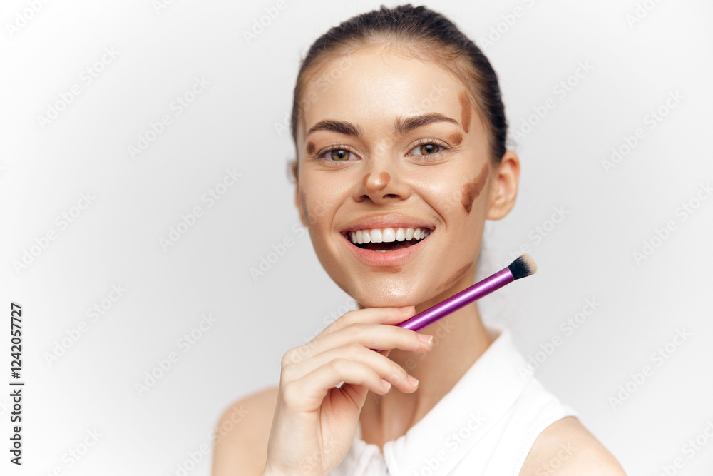 Smiling woman applying makeup with a foundation brush, showcasing a beauty routine with warm tones and a soft background. Smiling woman applying makeup with a foundation brush, showcasing a beauty routine with warm tones and a soft background.