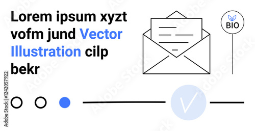 Envelope with letter, bio certification label, placeholder text blocks, circular selection icons, horizontal slider. Ideal for messaging, certification, mail, communication text placement selection