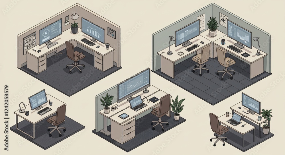 Naklejka premium Isometric illustrations of workspace setups with modern furniture and devices