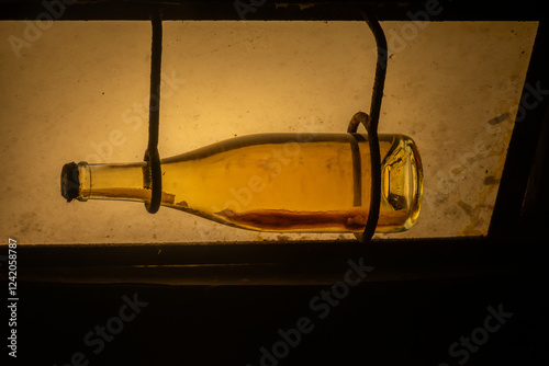 Lees yeast cells left over from fermentation in bottle, traditional method of production of cremant sparkling wine in south part of Luxembourg country on bank of Moezel, Mosel river.