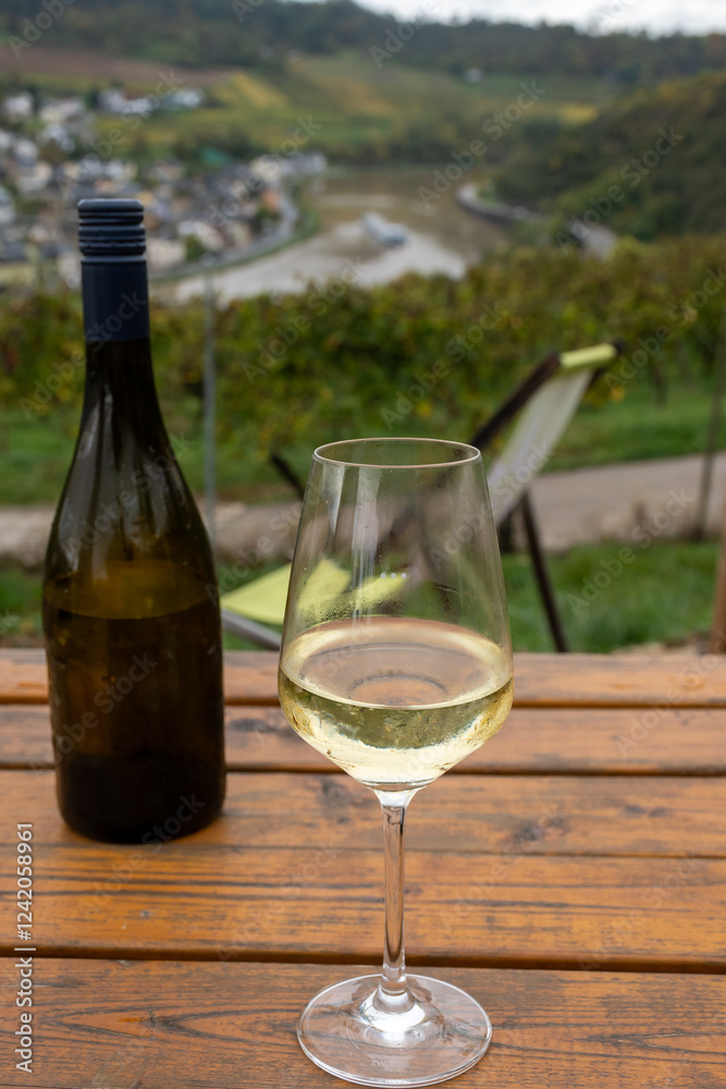 Glasses of white dry riesling wine made on Moselle river valley in Germany or Luxembourg, view on terraced vineyards Glasses of white dry riesling wine made on Moselle river valley in Germany or Luxembourg, view on terraced vineyards