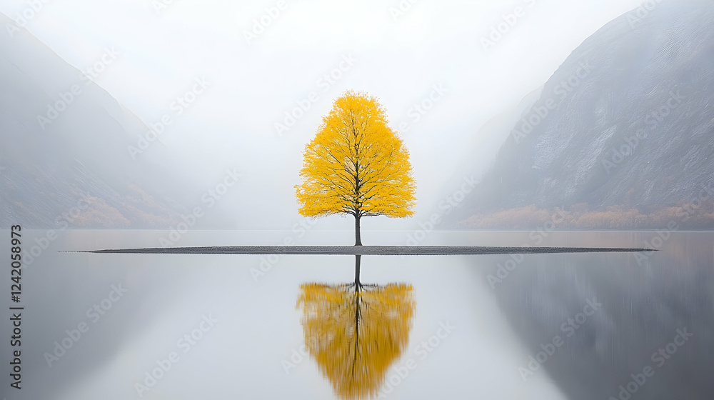 Obraz premium Solitary autumn tree on calm lake, misty mountains