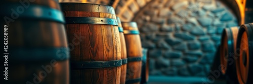 Wooden barrels with a rustic mood in a dimly lit cellar photo