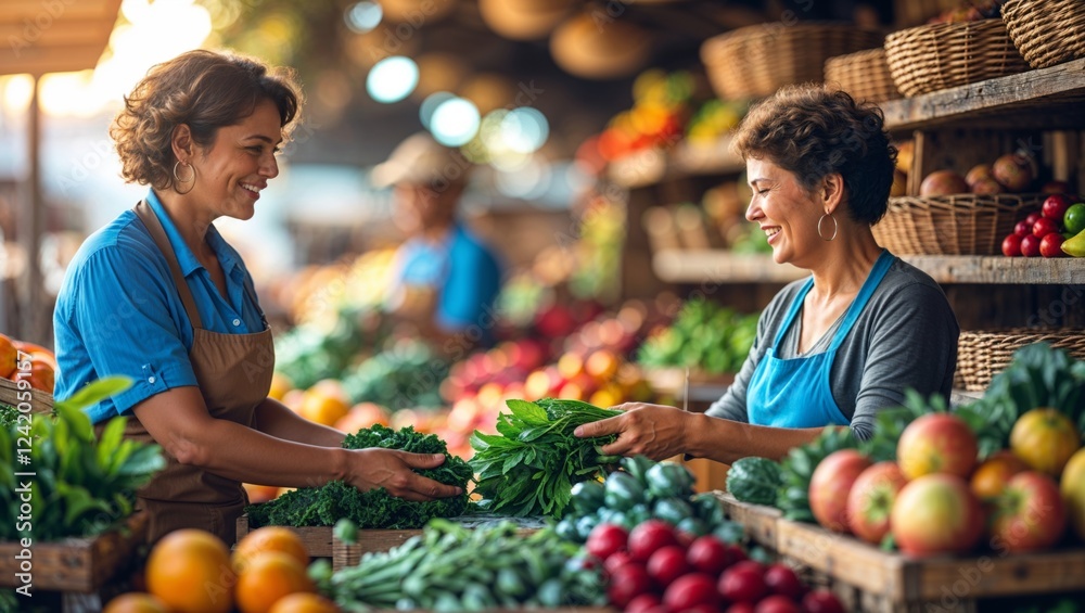 Fototapeta premium Local farmers market features vibrant produce and friendly interactions among vendors