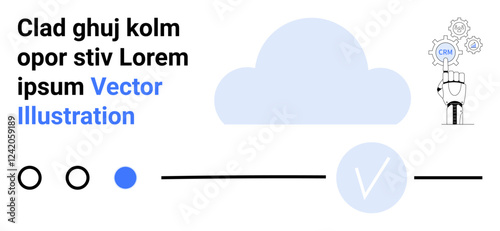 White background featuring a large cloud icon, hand holding cogwheels with CRM text, and a horizontal toggle bar with circles and checkmark. Ideal for tech services, CRM systems, cloud solutions