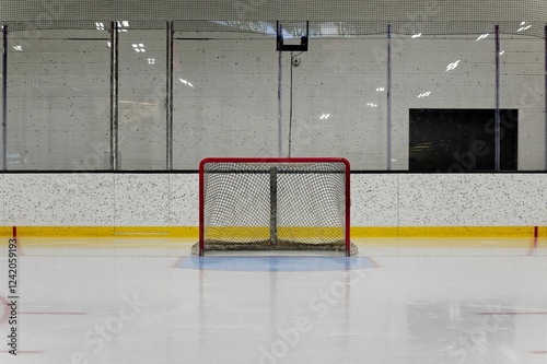 Empty ice hockey rink with goal net. photo