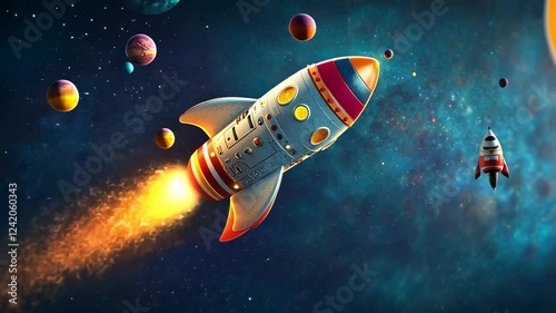 A whimsical rocket ship adventure soaring through a vibrant cosmos, surrounded by planets and stars.