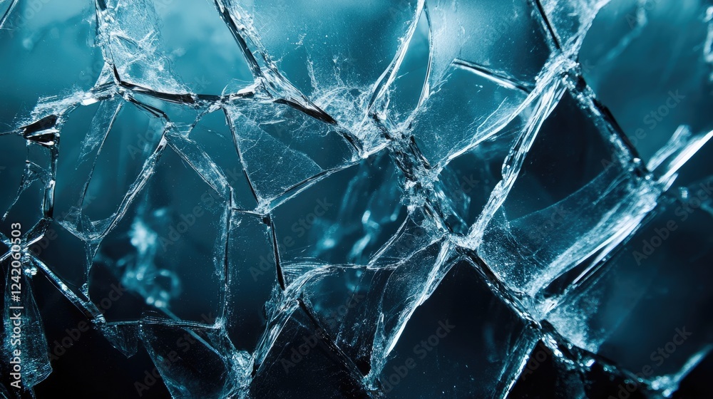 Cracked blue glass with sharp edges and a textured fractured surface Cracked blue glass with sharp edges and a textured fractured surface