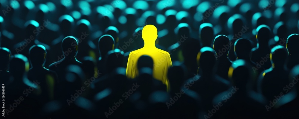 Fototapeta premium An illuminated figure stands out amidst a crowd of shadowy silhouettes, symbolizing individuality and uniqueness.