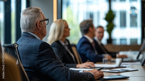 Corporate Executives Sitting Around a Boardroom Table, Engaged in a Formal Business Meeting in a Modern Office Setting With Natural Light