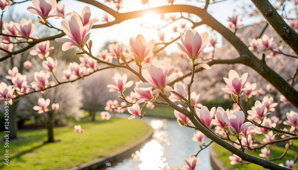 Obraz premium Magnolia blossoms in sunlight by a serene waterway, Magnolia Blossoms, New Blooms