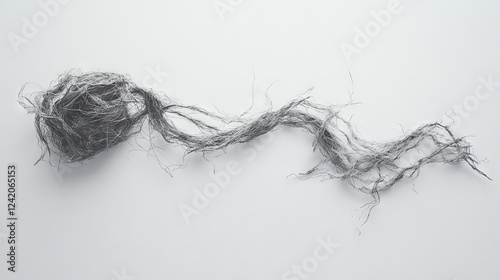 A frayed, twisted, and knotted piece of string lies on a white background, evoking a worn and melancholic tone, contributing to a somber mood