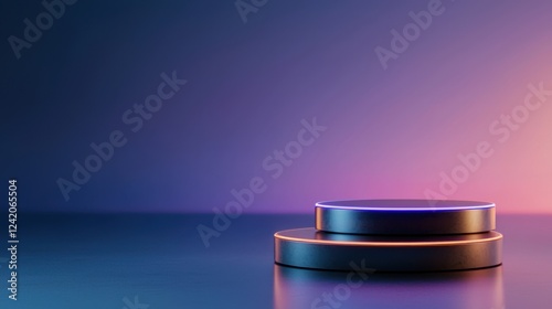 Minimalist display podiums with futuristic neon lights in gradient background perfect for modern tech presentations design with vibrant blue purple hues suitable for product showcase