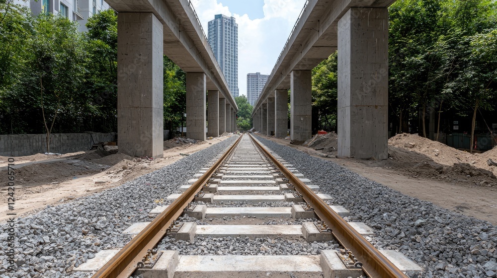 Fototapeta premium City train tracks under construction, urban background