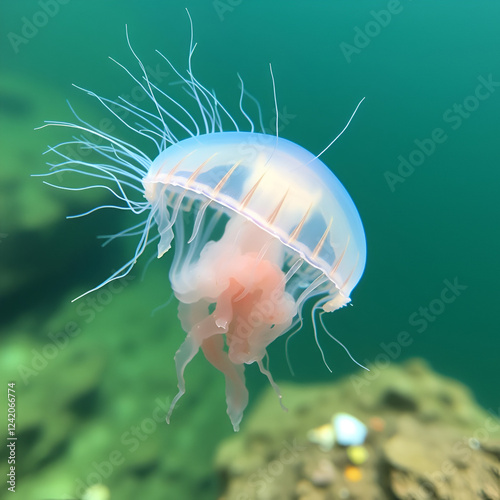 Rhopilema nomadica jellyfish at the Mediterranean seacoast.  Vermicular filaments with venomous stinging cells  can cause painful injuries to people. photo