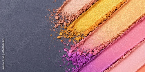 Vibrant makeup palette texture with crushed eyeshadows in shades of pink, orange, gold on gray background, highlighting colors for beauty design, editorial use, advertising visuals