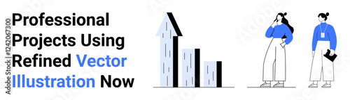 Two colleagues discussing progress next to graph bar representing growth and success. Ideal for business strategy, teamwork, analytics, project planning, leadership, productivity, flat landing page