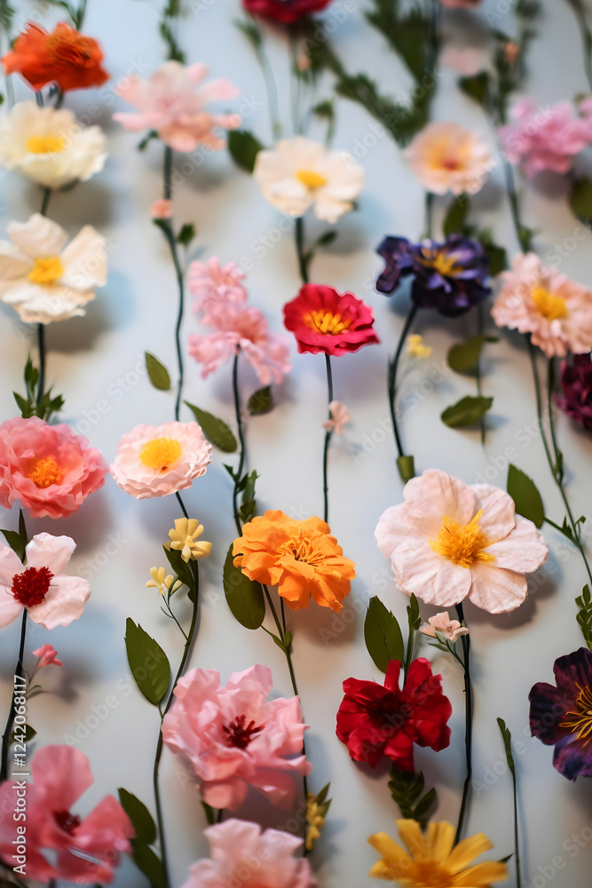 colorful single stem flowers arranged in vertical lines against a white wall floral arrangement collage colorful single stem flowers arranged in vertical lines against a white wall floral arrangement collage